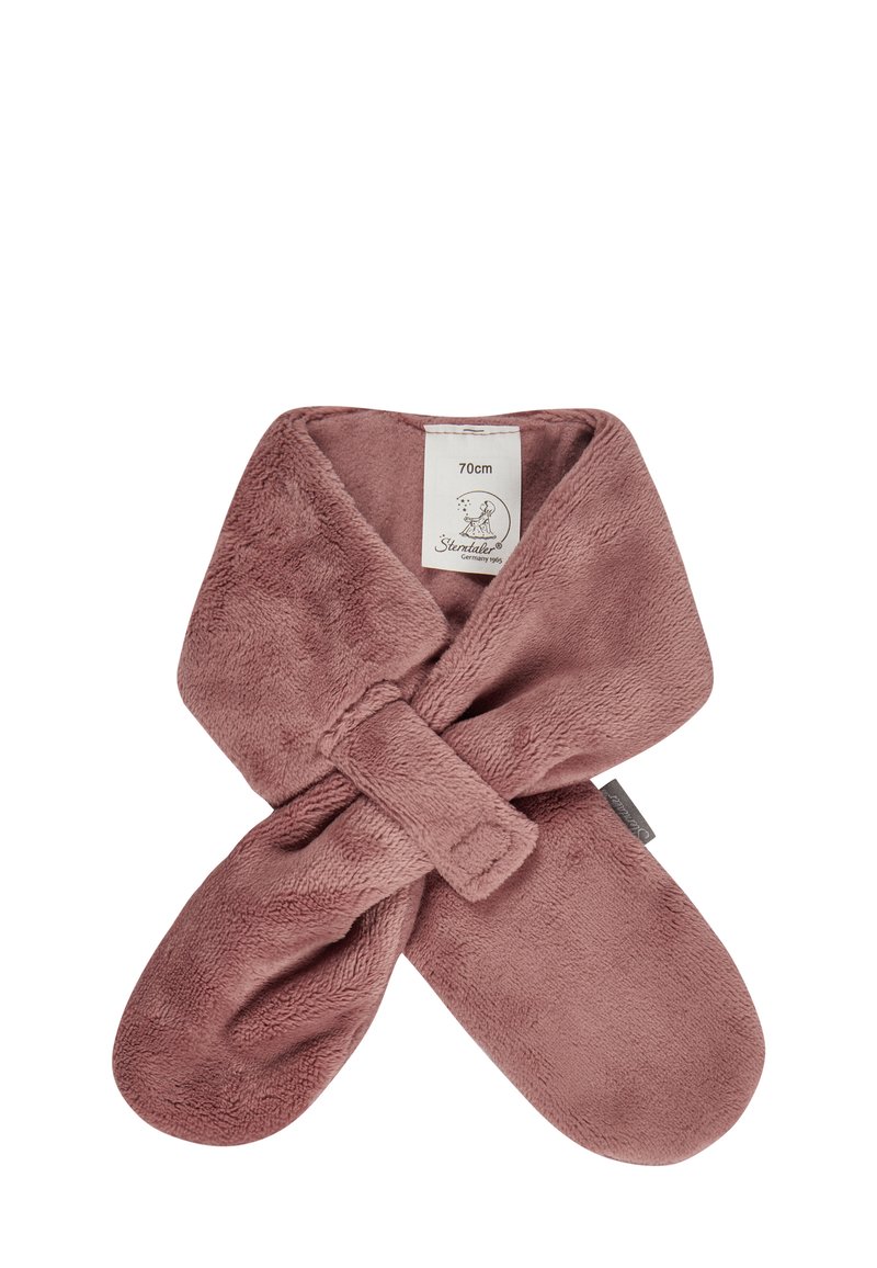 Soft, dusty rose, fleece baby wrap with a crossover design and adjustable tie, featuring a label with size information attached.