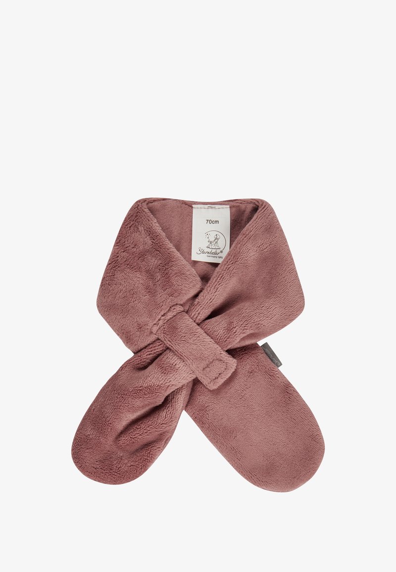 Soft, dusty rose, fleece baby wrap with a crossover design and adjustable tie, featuring a label with size information attached.