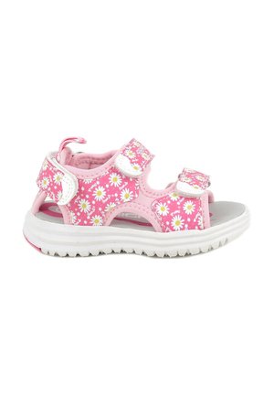 Sandalo da bambino rosa con motivo a margherite bianche, due cinturini in velcro regolabili, suola imbottita e suola esterna in gomma bianca con battistrada.