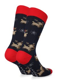 Granatowe skarpetki z wzorem reniferów, z czerwonymi mankietami i palcami, ozdobione akcentami w postaci płatków śniegu. Wykonane z miękkiego materiału dla wygody.