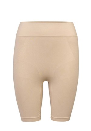 Beige elastische Shapewear-Shorts mit hohem Bund, glatter Textur und mittlerer Oberschenkellänge, entworfen für Komfort und Unterstützung.