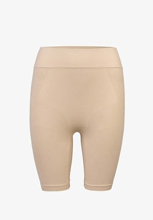 Beige elastische Shapewear-Shorts mit hohem Bund, glatter Textur und mittlerer Oberschenkellänge, entworfen für Komfort und Unterstützung.