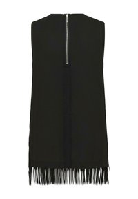 Črna brezrokavna majica z zadrgo na hrbtni strani, ki ima naraven rob in frufru detajle na spodnjem robu. Gladka tekstura tkanine.