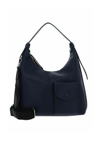 Sac à bandoulière en cuir bleu marine avec une fermeture éclair sur le dessus, une poche avant à fermeture pression, et une sangle noire amovible. Surface texturée.