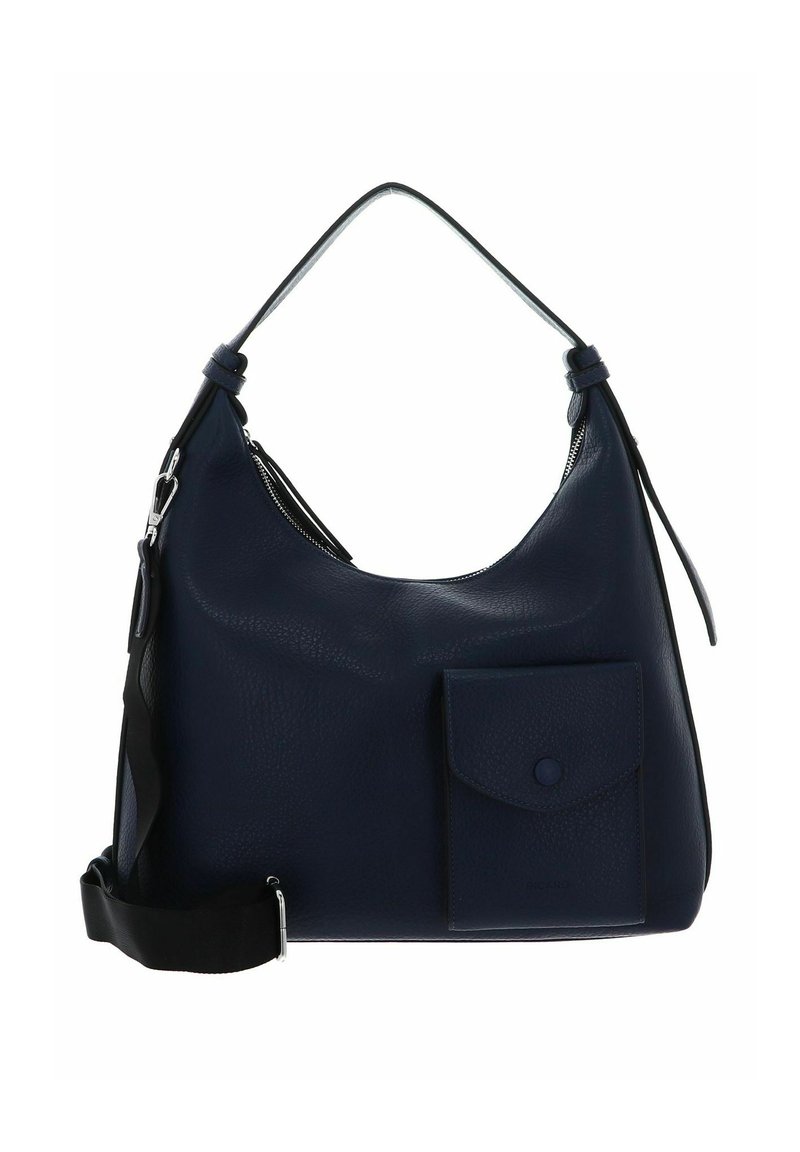 Sac à bandoulière en cuir bleu marine avec une fermeture éclair sur le dessus, une poche avant à fermeture pression, et une sangle noire amovible. Surface texturée.