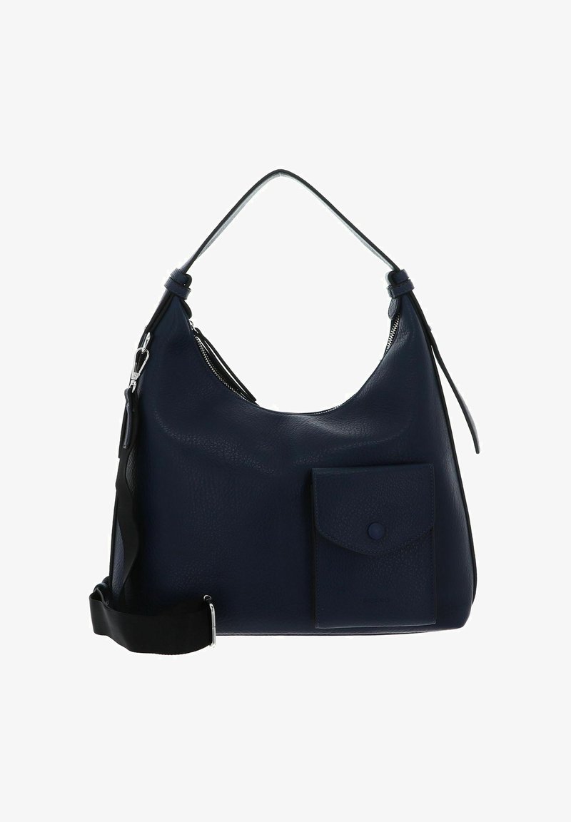 Sac à bandoulière en cuir bleu marine avec une fermeture éclair sur le dessus, une poche avant à fermeture pression, et une sangle noire amovible. Surface texturée.