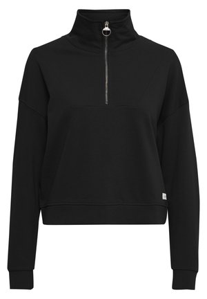 Sort sweatshirt med høj krave og en kort lynlås. Har en afslappet pasform, glat tekstur og et lille logo-tag i nederste kant.