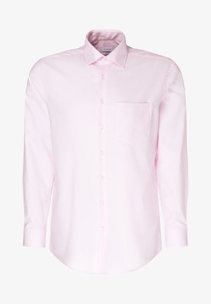 Light pink long-sleeve shirt made of cotton, featuring a pointed collar, front button closure, and a single chest pocket.