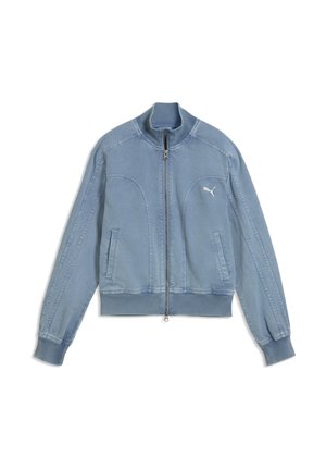 Veste zippée Puma bleu clair avec col, poignets et ourlet côtelés, deux poches avant et logo Puma sur la poitrine gauche.