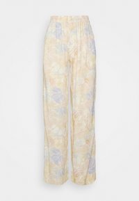 Pantalon beige clair à jambes larges, taille élastique et motif floral pastel subtil en bleu, blanc et tons pêche.