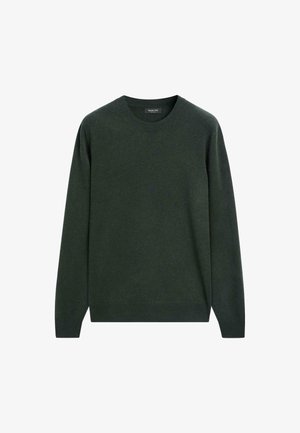 Maglione lavorato a maglia verde scuro con colletto rotondo e maniche lunghe, caratterizzato da una texture liscia e un design minimalista.
