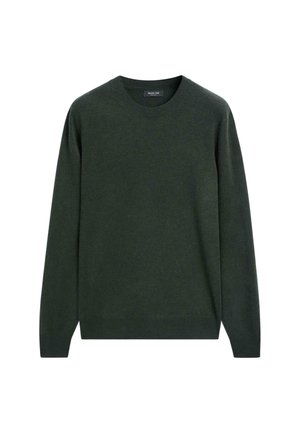 Dunkelgrüner gestrickter Pullover mit Rundhalsausschnitt und langen Ärmeln, der eine glatte Textur und ein minimalistisches Design aufweist.