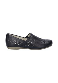 Chaussure en cuir bleu foncé à enfiler avec un motif floral découpé au laser, bout rond, semelle beige basse et détail de couture minimal sur les côtés.