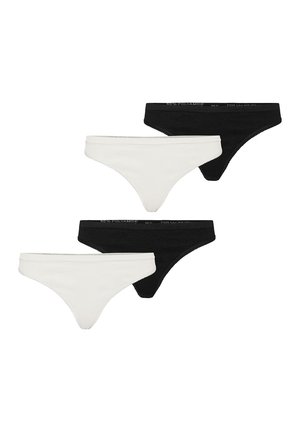 Zwei schwarze und zwei weiße Damen-String-Unterhosen, abwechselnd farblich auf einem weißen Hintergrund angeordnet.