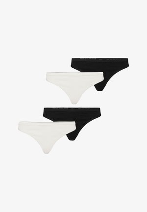Two black and two white women's thong underwear pieces, arranged in alternating colors on a plain white background.
