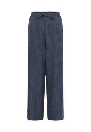 Pantalon à cordon de serrage ample bleu foncé avec tissu texturé et ceinture élastique, conçu pour un usage décontracté.