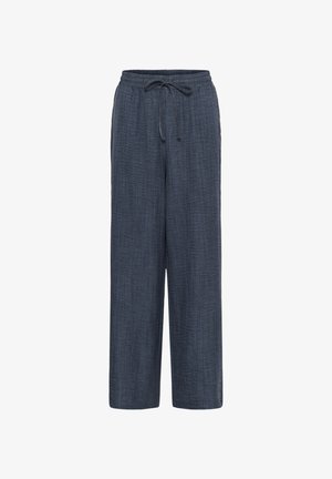 Pantalon à cordon de serrage ample bleu foncé avec tissu texturé et ceinture élastique, conçu pour un usage décontracté.
