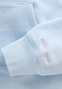 Felpa con cappuccio azzurro chiaro realizzata in morbido cotone, con tasca frontale, polsini a costine e logo "SANDY LIANG" ricamato in rosa sulla manica.