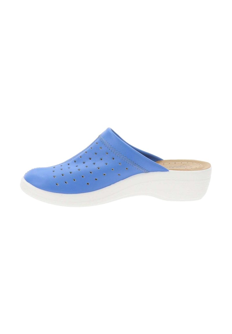 Zuecos azul marino con parte superior perforada para ventilación, suela blanca acolchada para mayor comodidad y una textura suave en todo el zapato.