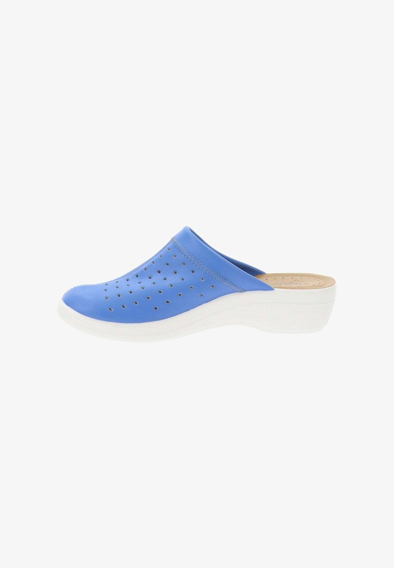 Zuecos azul marino con parte superior perforada para ventilación, suela blanca acolchada para mayor comodidad y una textura suave en todo el zapato.