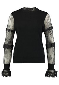 Czarny sweter z długimi, przezroczystymi koronkowymi rękawami. Żebrowany dekolt i mankiety. Koronka zdobiona jest kwiatowymi wzorami i falbaniastymi brzegami. Klasyczny krój.