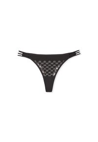 Black thong with a sheer patterned lace front, featuring horizontal band design, thin side straps, and a solid black back.