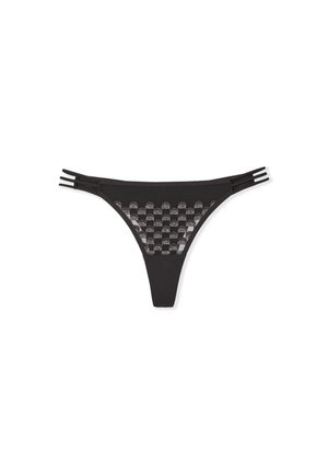 Perizoma nero con una parte frontale in pizzo a rete decorata, caratterizzato da un design a bande orizzontali, spalline sottili e un retro nero solido.