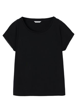 Black short-sleeve T-shirt with a round neckline, made of soft fabric, featuring a smooth texture and minimal stitching details.