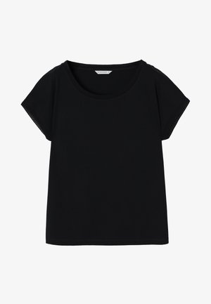 Juodas trumpomis rankovėmis marškinėliai su apvaliu iškirpimu, pagaminti iš švelnios medžiagos, turintys sklandų paviršių ir minimalų siuvimo detalių skaičių.