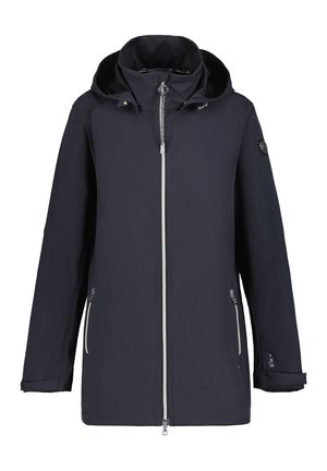 Veste noire à capuche avec fermeture éclair intégrale sur le devant, poches latérales zippées et poignets ajustables, conçue pour le temps froid.