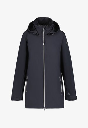 Czarna kurtka z kapturem, z pełnym zamkiem z przodu, zapinanymi na zamek kieszeniami bocznymi i regulowanymi mankietami, zaprojektowana na zimną pogodę.