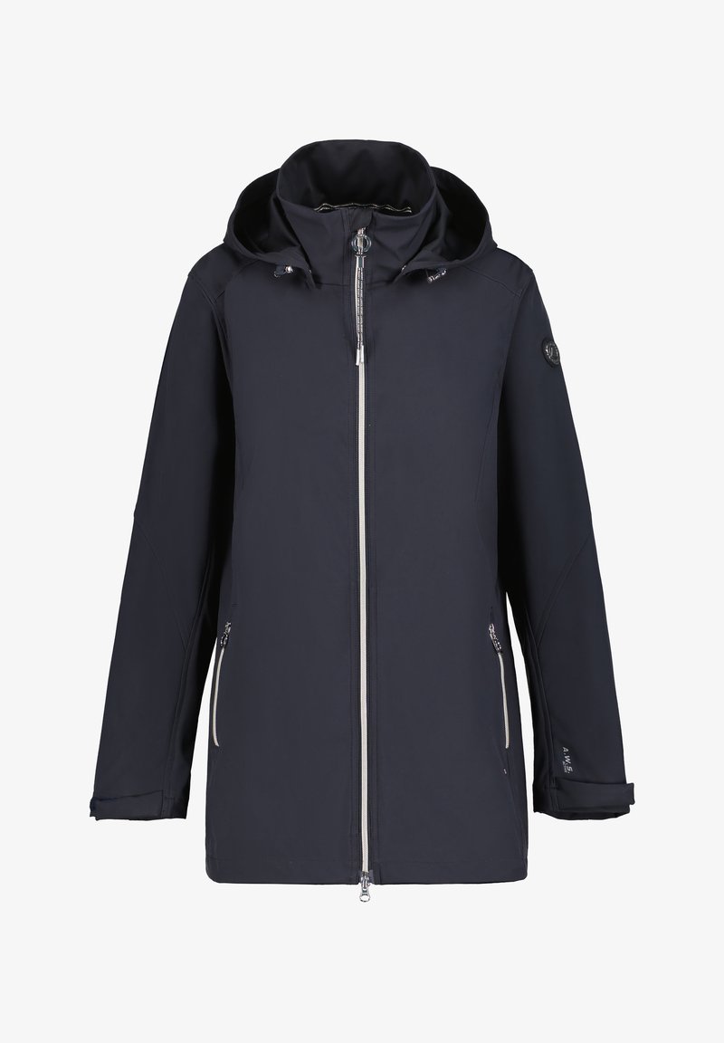 Veste noire à capuche avec fermeture éclair intégrale sur le devant, poches latérales zippées et poignets ajustables, conçue pour le temps froid.