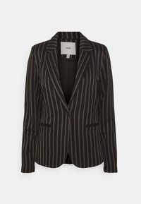 Black blazer with vertical tan stripes. Features a notched lapel, single button closure, and two front pockets. Soft fabric texture.