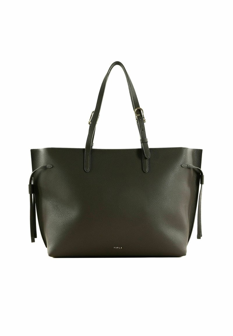 Sac fourre-tout en cuir noir grainé avec deux anses d'épaule, ouverture supérieure et détail décoratif en pampille. Logo affiché sur le bas à l'avant.