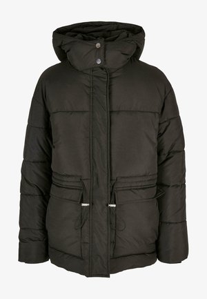 Must värvitud isoleeritud puhvjak, millel on kõrge kaelusega kapuuts, napp eesmine sulguri, kaks eesmist taskut ja paelad hemmi ääres.