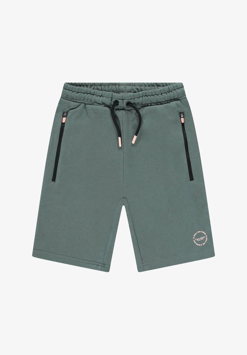 Groene katoenen sweatshorts voor heren met een elastische tailleband, trekkoord, zijzakken en een ronde logo-accent op de onderkant van het linkerpijpje.