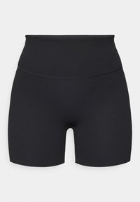 Μαύρα σορτς με ψηλό μέση κατασκευασμένα από ελαστικό ύφασμα. Διαθέτουν λεία υφή, μήκος μέχρι το μέσο του μηρού και δεν έχουν εμφανείς ραφές.