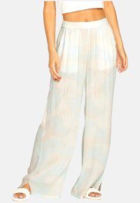 Pantalones livianos de pierna ancha en colores pastel suaves con un sutil patrón geométrico y una cinturilla elástica para mayor comodidad.