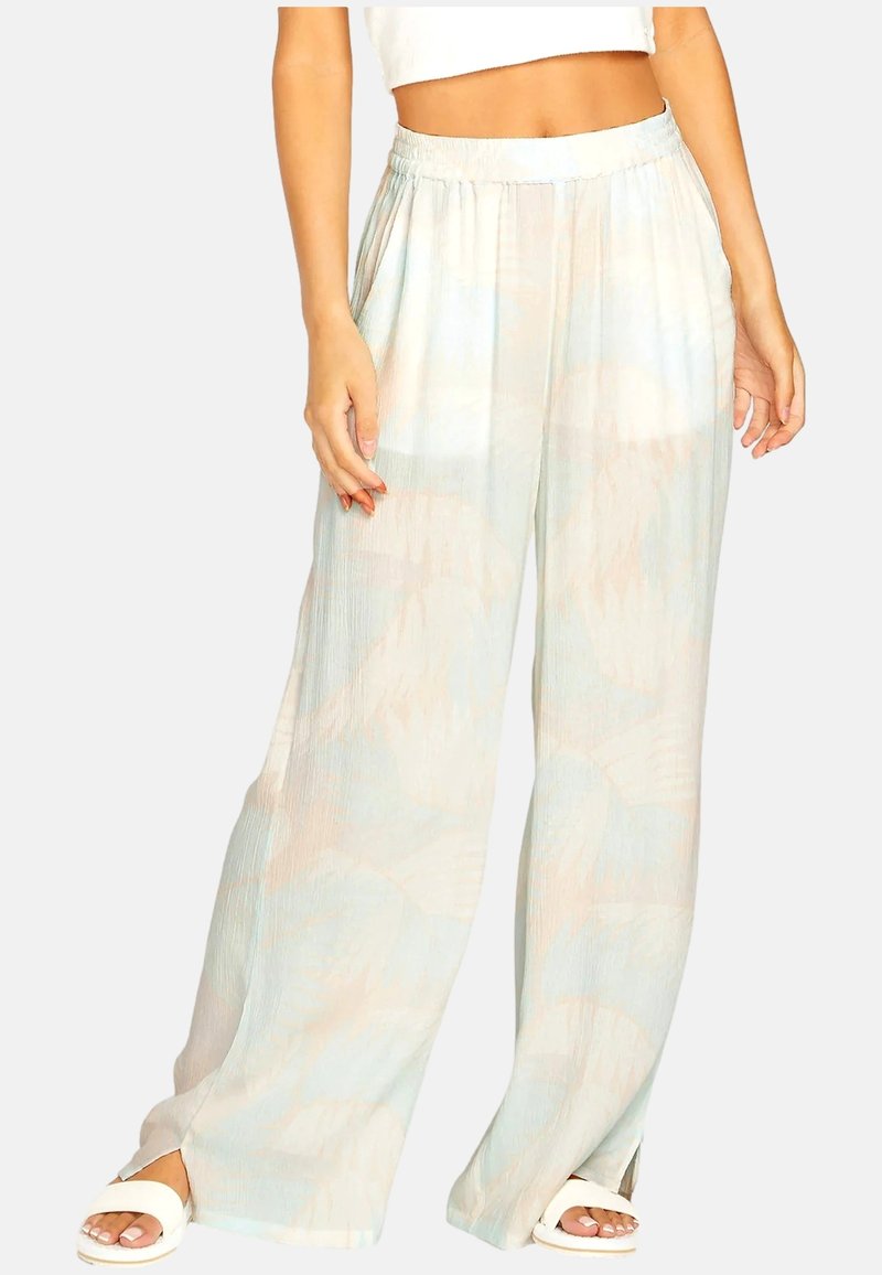 Pantalones livianos de pierna ancha en colores pastel suaves con un sutil patrón geométrico y una cinturilla elástica para mayor comodidad.