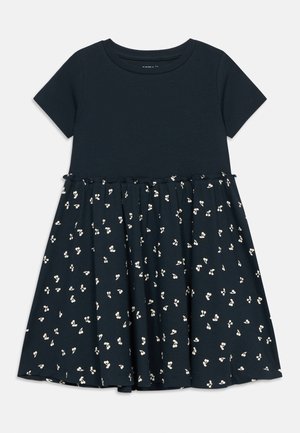 Navy blue short-sleeve dress with fitted top and flared skirt featuring small white cherry blossom print.