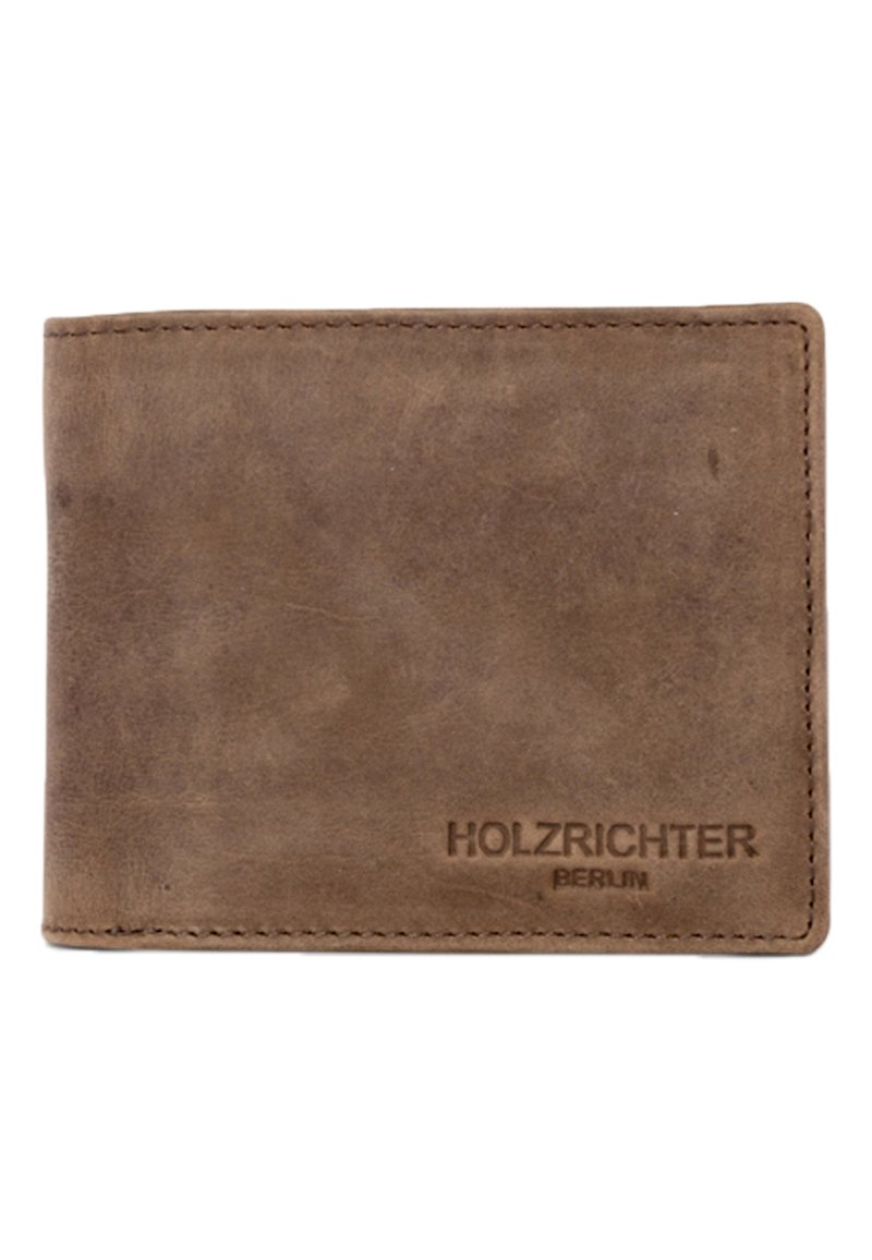 Brown leather wallet with a soft texture, embossed logo "HOLZRICHTER BERLIN" on the front, rectangular design with stitched edges.