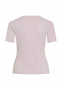 Top corto a maniche corte di un delicato rosa, con una trama a coste e righe verticali, e un design a scollo rotondo. Tessuto morbido e lavorato a maglia.