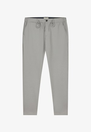 Hallid graatsilised püksid, mis on valmistatud tekstureeritud kangast, elastse vöökoha ja tõmblukuga ning ees olevate taskutega.