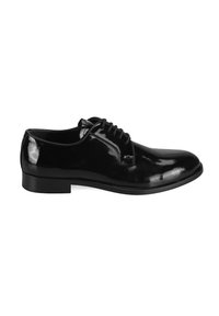 Chaussure de ville pour homme en cuir noir poli, avec un laçage fermé et un talon bas, présentée en profil latéral.