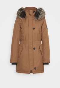 Brown insulated parka with a faux fur-lined hood, two front pockets, buttons, and an adjustable waist. Smooth texture and mid-length design.