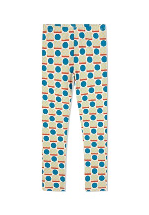 Leggings made of lightweight fabric featuring a colorful geometric pattern with blue circles and yellow squares on a white background.