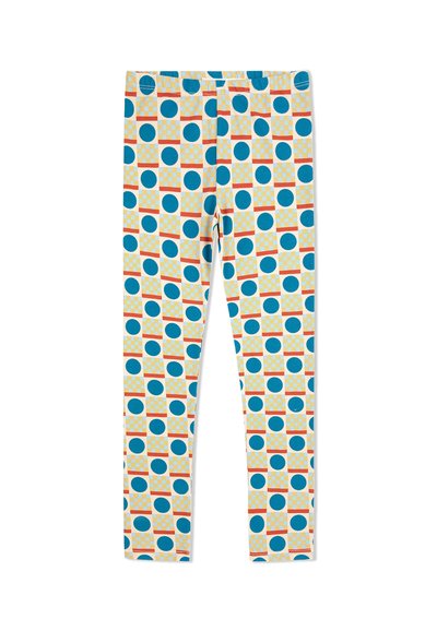Leggings aus leichtem Stoff mit einem bunten geometrischen Muster, das blaue Kreise und gelbe Quadrate auf einem weißen Hintergrund zeigt.