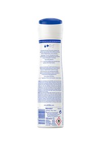 Transparent cylindrical container, white with blue cap. Textured label features safety symbols and product information in multiple languages.