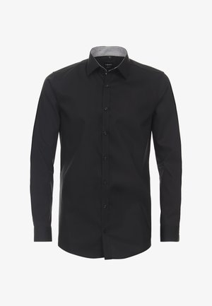 Schwarzes Langarmhemd aus glattem Stoff, mit klassischem Kragen und Knopfleiste. Innenkragen mit dezentem Muster akzentuiert.