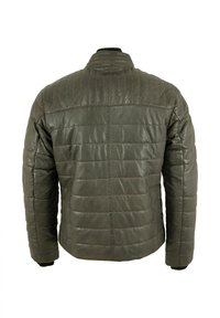 Olivgrüne, gesteppten Lederjacke mit hochgeschlossenem Kragen und gerippten Bündchen. Verfügt über markante Nahtlinien und eine glatte, strukturierte Oberfläche.